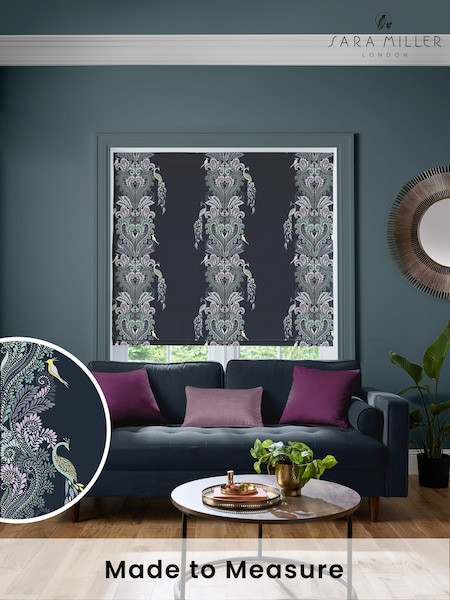 Sara Miller Petrol Blue Faux Silk Peacock Filigree Made to Measure Roman Blind (W43132) | £89