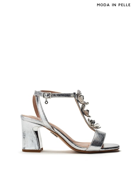 Moda in Pelle Silver Neillia Metal Floral Print Trim Block Heel Comfort Sandals (W43243) | £89