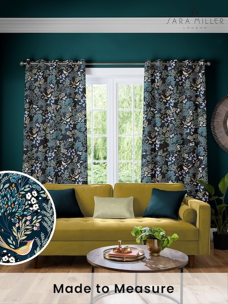 Sara Miller Teal Blue Faux Silk Songbird Made to Measure Curtains (W43389) | £109