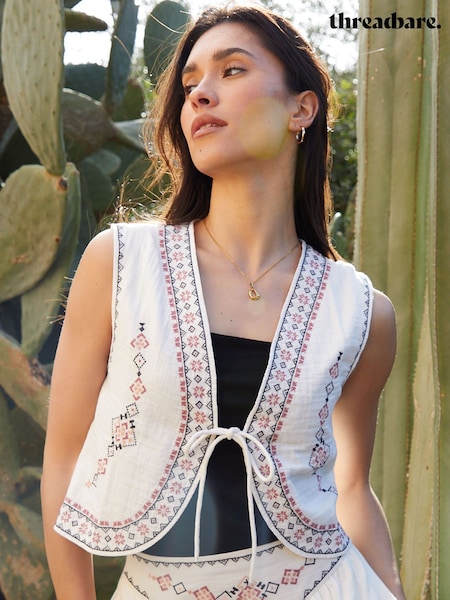 Threadbare Cream 100% Cotton Embroidered Tie Front Waistcoat (W43396) | £32