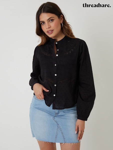 Threadbare Black Lace Detail Boho 100% Cotton Blouse (W43397) | £34