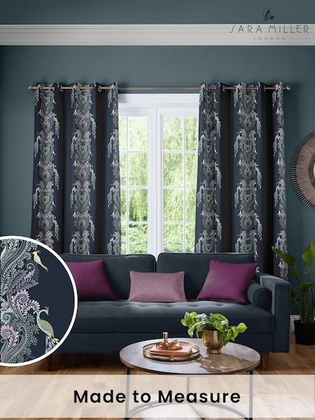Sara Miller Petrol Blue Faux Silk Peacock Filigree Made to Measure Curtains (W43401) | £109