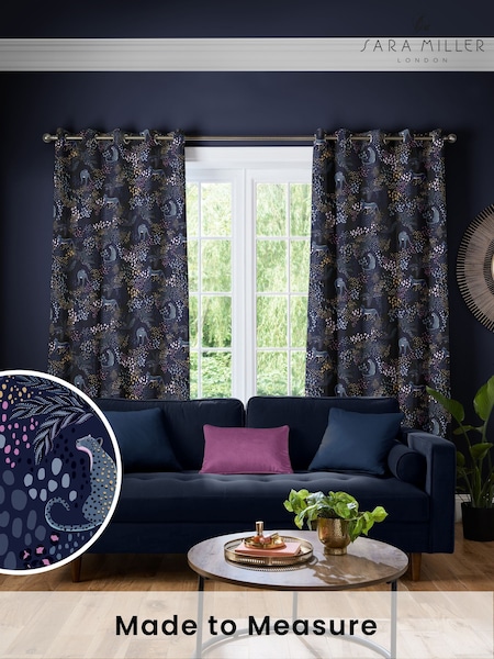 Sara Miller Midnight Blue Faux Silk Leopard Made to Measure Curtains (W43402) | £109