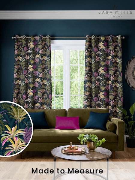 Sara Miller Midnight Blue Faux Silk Palm Garden Made to Measure Curtains (W43403) | £109