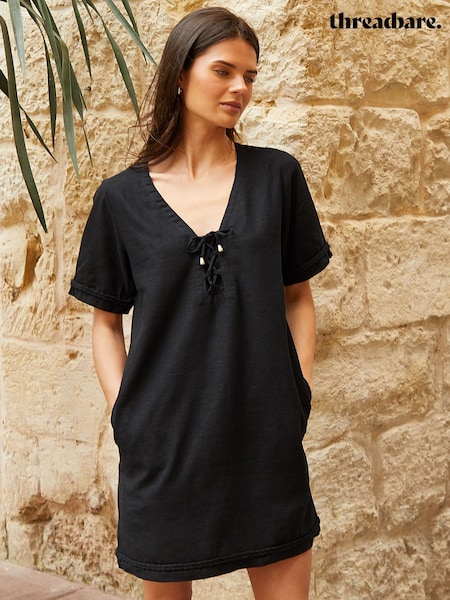 Threadbare Black Linen Blend Lace Front Detail T-Shirt Summer Dress (W43414) | £35