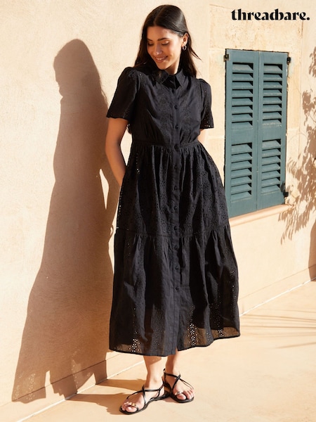Threadbare Black Broderie 100% Cotton Short Sleeve Collared Broderie Maxi Shirt Dress (W43415) | £55