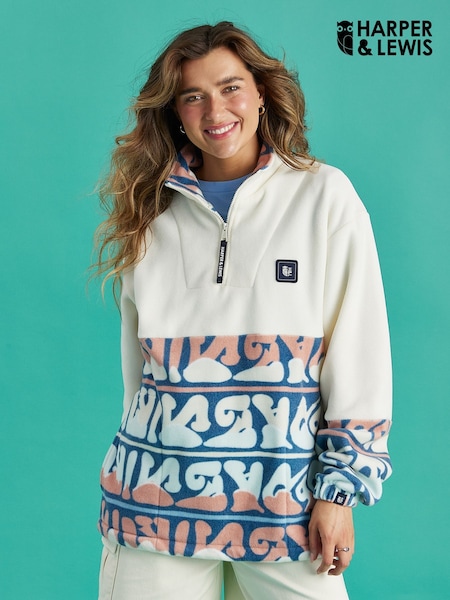 Harper & Lewis Cream Bronte Retro Pattern 1/4 Zip Fleece (W43514) | £64