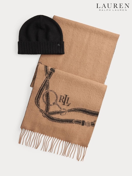 Lauren Ralph Lauren Brown Knitted Beanie & Iconic Print Scarf Gift Set (W43650) | £149