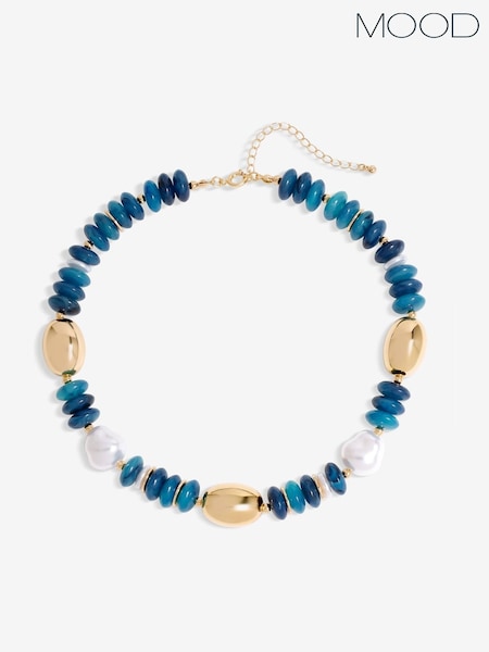 Mood Gold Tone Blue Bead Statement Necklace (W43690) | £25