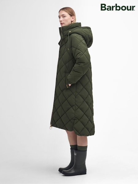 Barbour® Olive Green Kirkton Longline Cotton Diamond Quilt Puffer Jacket (W43699) | £279