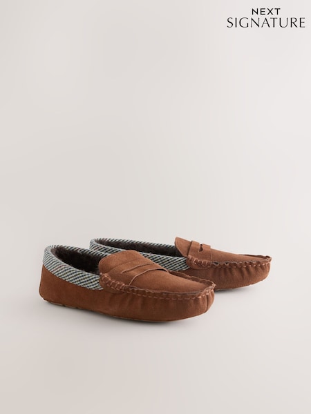 Tan Brown Signature Suede Fabric Trim Moccasin Slippers (W43718) | £35