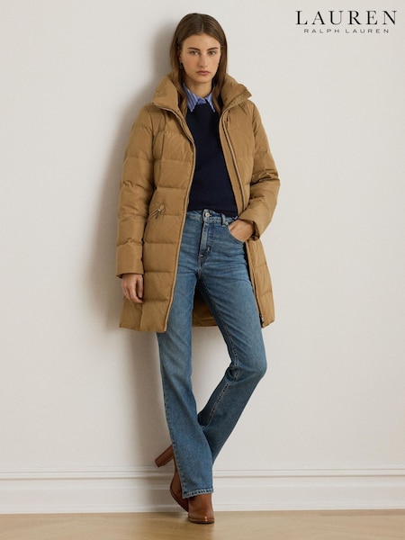 Lauren Ralph Lauren Classic Camel Faux Fur Trim Funnel Neck Down Coat (W43722) | £319