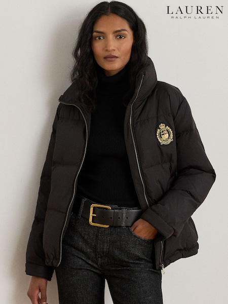 Lauren Ralph Lauren Black Crest Patch Quilted Funnel Neck Down Coat (W43735) | £279