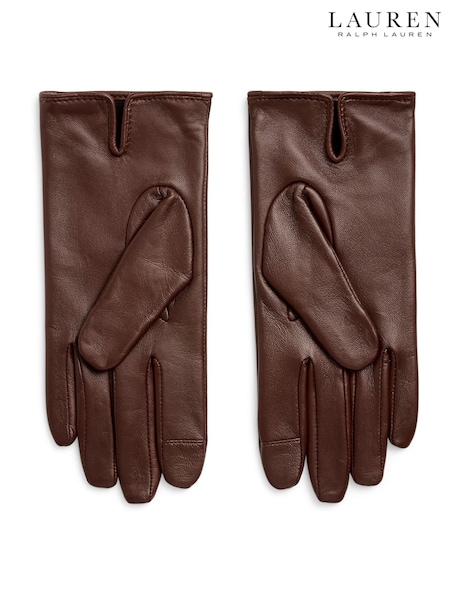 Lauren Ralph Lauren Brown Embossed Logo Leather Gloves (W43738) | £119