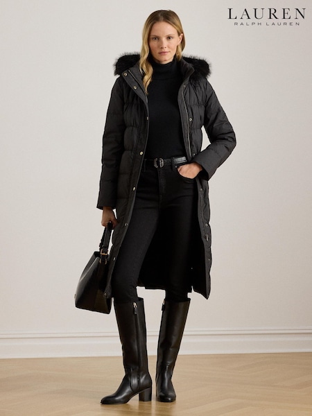 Lauren Ralph Lauren Black Faux Fur Trim Hooded Down Coat (W43742) | £369