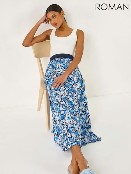 Roman Blue Floral Print Pleated Skirt (W43755) | £48