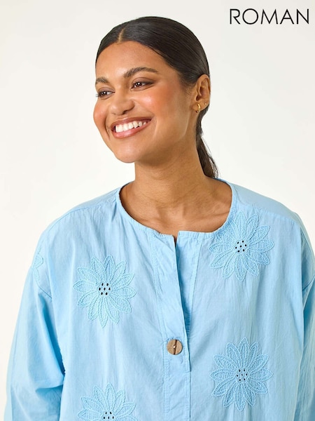 Roman Blue 100% Cotton Floral Embroidered Tunic Top (W43759) | £42