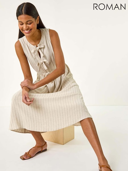 Roman Natural Pinstripe Bow Detail Midi Dress (W43761) | £55