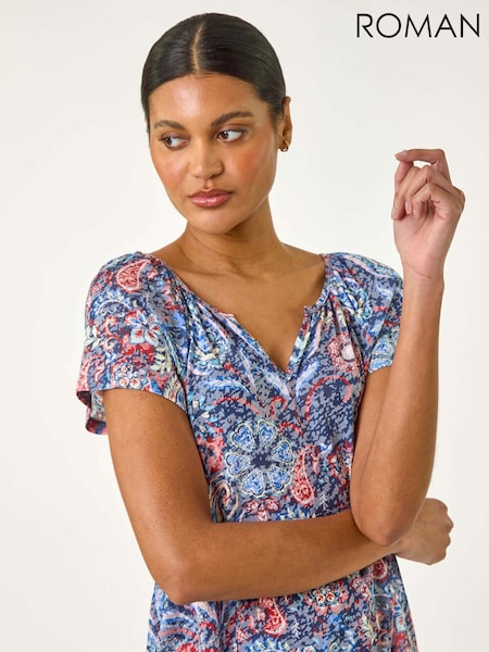 Roman Blue Burnout Print V-Neck Raglan Blouse (W43762) | £32