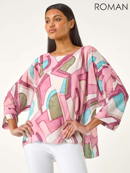 Roman Pink Abstract Print Overlay Tunic Top (W43765) | £40