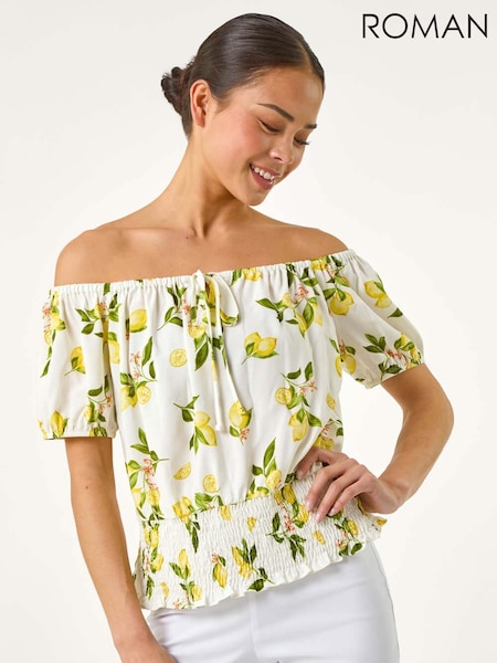Roman White Petite Print Bardot Blouson Top (W43951) | £32