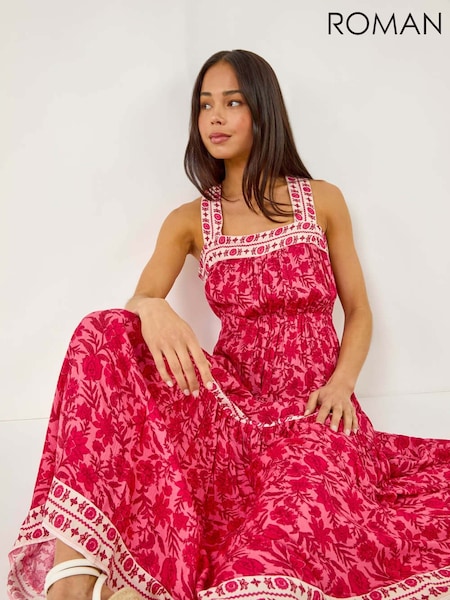 Roman Pink Petite Floral Print Tiered Maxi Dress (W43955) | £58