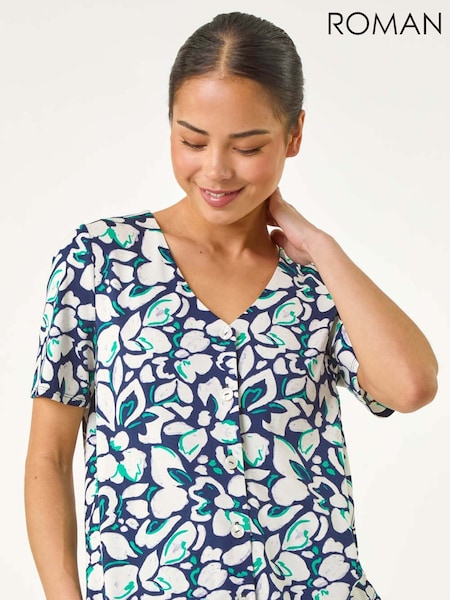 Roman Blue Petite Floral V-Neck Stretch Blouse (W43959) | £32
