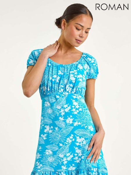 Roman Blue Petite Floral Print Frill Ruched Dress (W43963) | £42