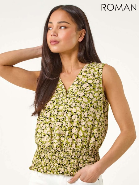 Roman Green Petite Ditsy Print Shirred Blouson Blouse (W43966) | £32