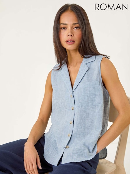 Roman Blue Petite Collared One Pocket Blouse (W43967) | £32