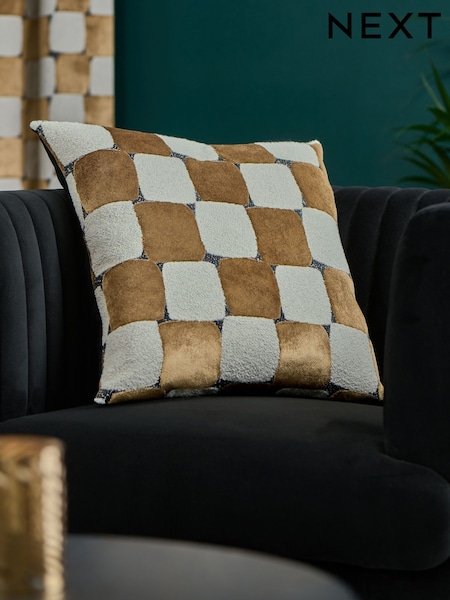 Gold/Natural Cut Velvet Checkerboard 50 x 50cm Square Check Cushion (W44318) | £28
