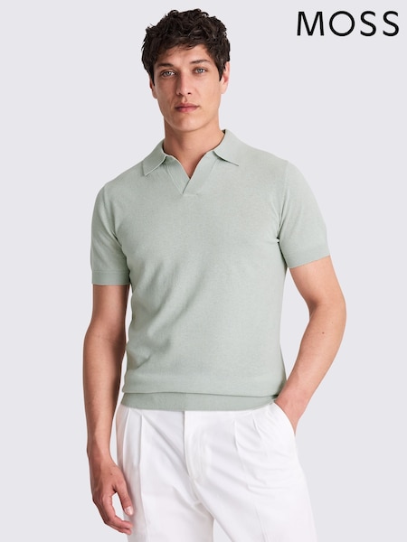 MOSS Green Linen Blend Oatmeal Skipper Polo Shirt (W45276) | £60
