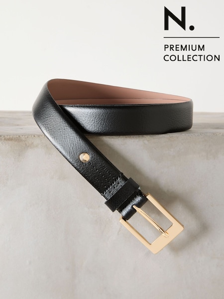 Black/Gold Tone Premium Made In Italy Leather Belt (W45307) | £26