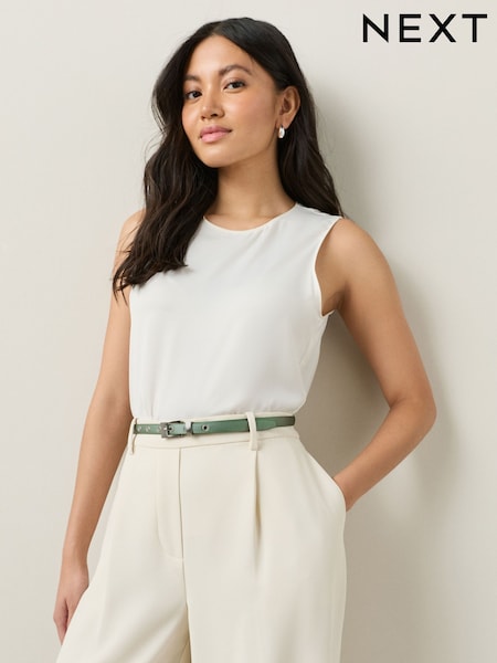 Sage Green Satin Skinny Belt with Diamante Square Buckle (W45316) | £12