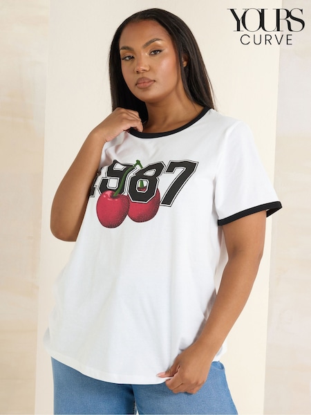 Yours Curve White Placement 100% Cotton T-Shirt (W45368) | £20