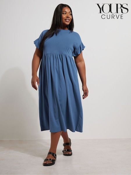 Yours Curve Blue Frilled 100% Cotton Midaxi Dress (W45382) | £29