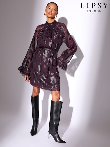 Lipsy Plum Metallic Mini Floral Print Woven Underbust Dress (W45402) | £65