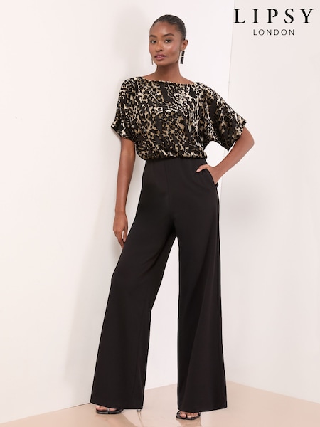 Lipsy Black Petite Leopard Print Sleeveless Cowl Neck Jumpsuit (W45405) | £62