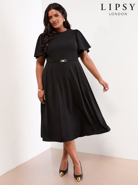 Lipsy Black Curve Snaffle Trim Short Sleeve Fit and Flare Midi Dress (W45409) | £52