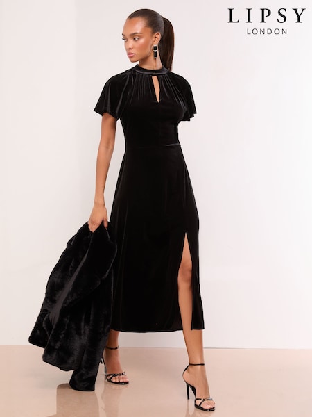 Lipsy Black Velvet Short Sleeve Keyhole Midi Dress (W45412) | £68
