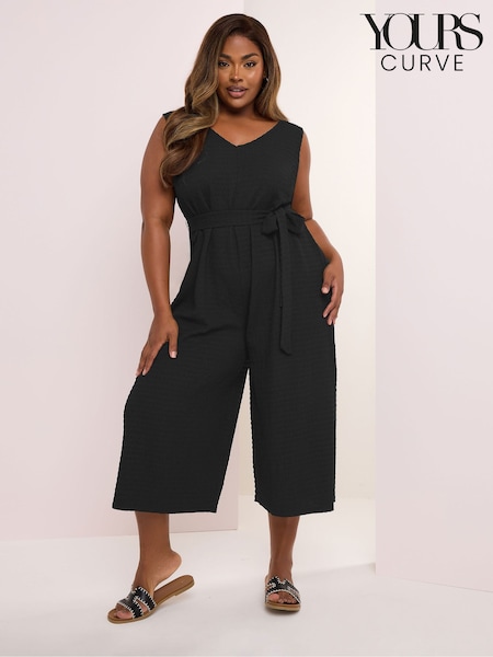 Yours Curve Black Tie Waist Textured Jumpsuit (W45431) | £32