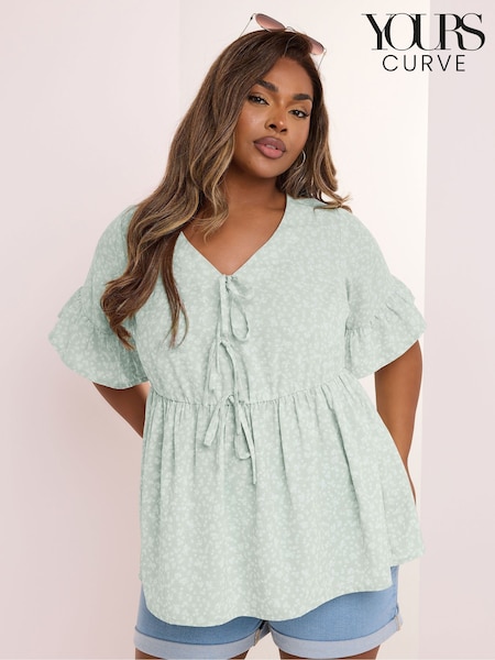 Yours Curve Green Tie Front Frilled Top (W45438) | £31