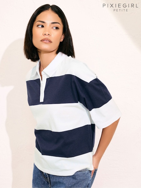 PixieGirl Petite Blue Short Sleeve Stripe Rugby 100% Cotton Shirt (W45447) | £22