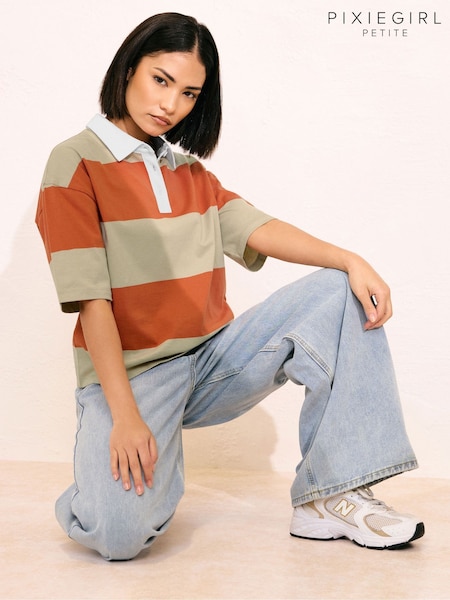 PixieGirl Petite Orange Short Sleeve Stripe Rugby 100% Cotton Shirt (W45448) | £22