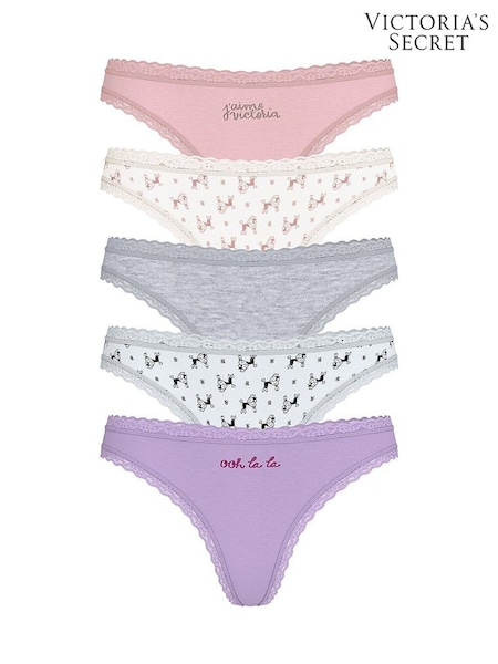 Victoria's Secret Pink/White/Grey/Blue/Purple Thong 5 Pack Cotton Lace Trim Knickers (W45583) | £25