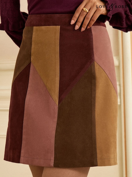 Love & Roses Tan Brown and Pink Petite Faux Suede Patchwork Mini Skirt (W45713) | £45