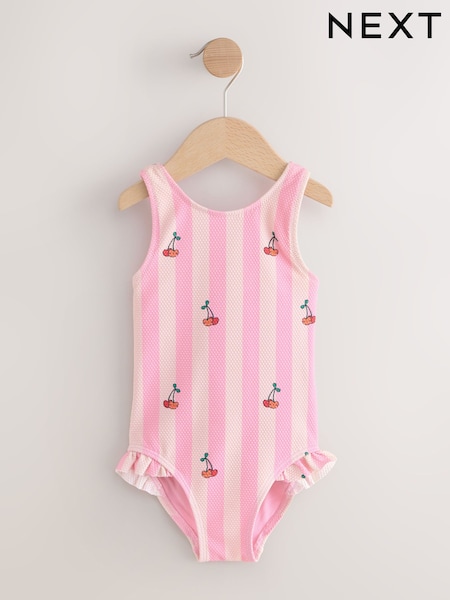 Pink Cherry Stripe Frill Leg Swimsuit (3mths-7yrs) (W45777) | £12 - £15