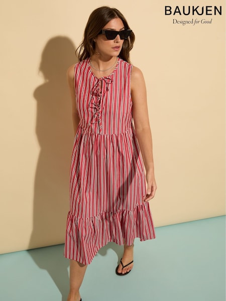 Baukjen Red Devia Tie 100% Organic Cotton Midi Dress (W45784) | £159