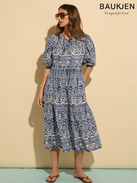 Baukjen Blue Mathilda 100% Organic Cotton Kaftan Dress (W45790) | £179