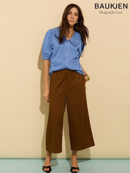 Baukjen Shelby Organic Cotton Wide Leg Pull On Brown Trousers (W45793) | £119